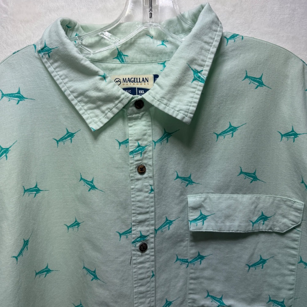 Magellan Mag Shield Classic Mens 2XL Fishing Shirt Mint‎ Green Marlin Print SS